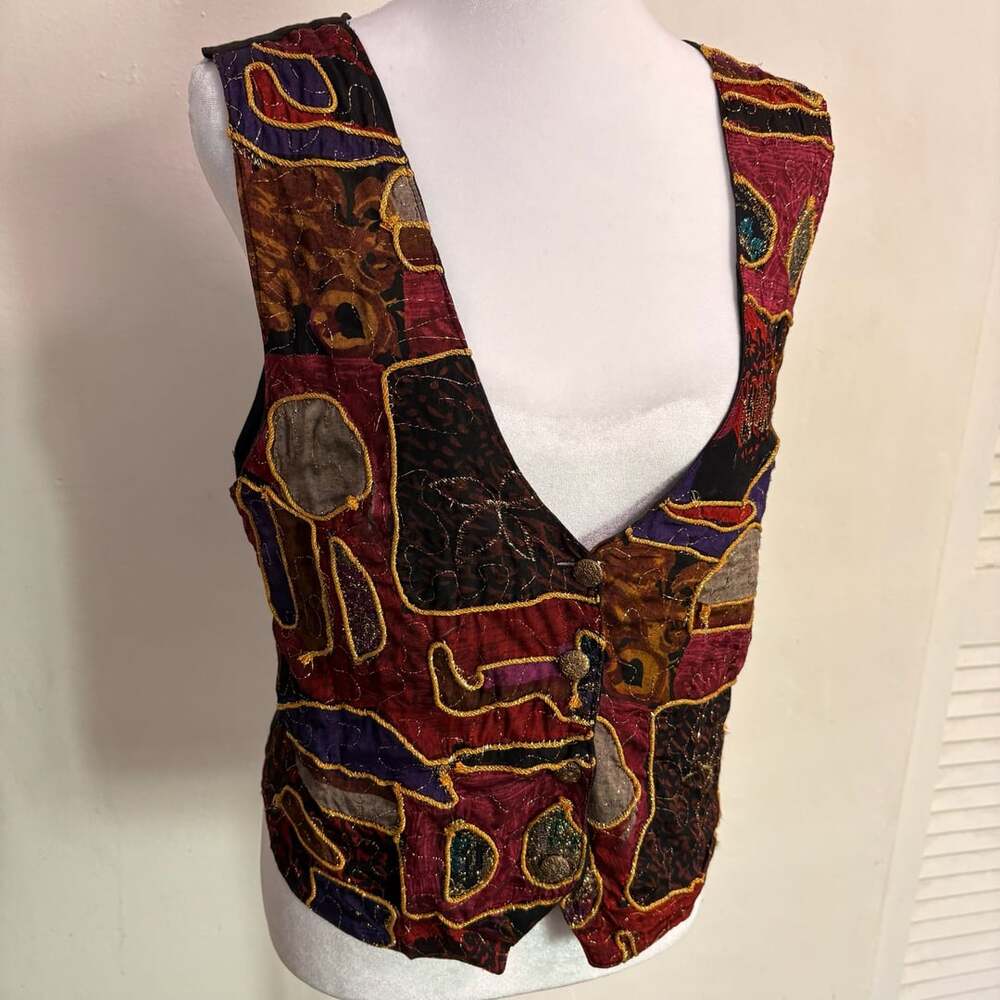 VTG Jane Ashley Fitted Embroidered Textured Vest Patchwork Art to Wear Size S